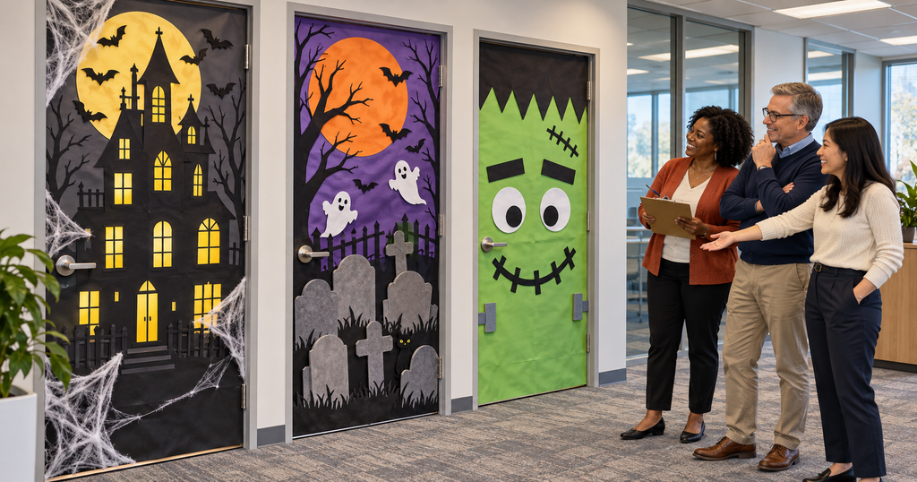 Three coworkers judge office doors decorated for Halloween with a haunted mansion, a purple graveyard scene with ghosts, and a green Frankenstein face. One coworker holds a clipboard while another gestures toward the displays.