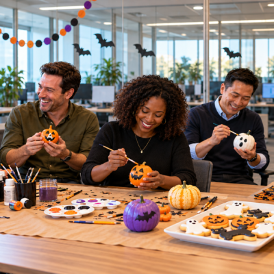 Five coworkers paint mini pumpkins and decorate Halloween cookies around a large office table with cupcakes, candy, and craft supplies. Paper bats and orange, purple, and black garlands decorate the glass-walled workspace.