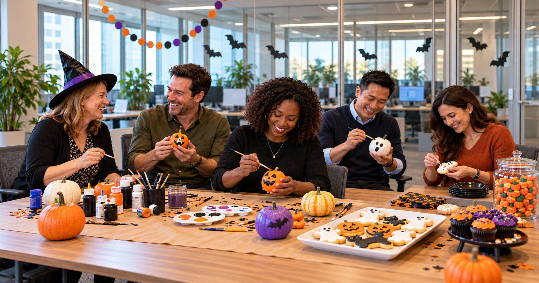 Five coworkers paint mini pumpkins and decorate Halloween cookies around a large office table with cupcakes, candy, and craft supplies. Paper bats and orange, purple, and black garlands decorate the glass-walled workspace.
