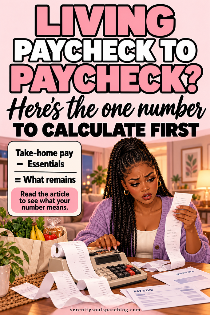 Pink illustrated pin showing a worried young woman with long braids reviewing a receipt beside a printing calculator, bills, and groceries. A panel shows “Take-home pay − Essentials = What remains” and invites readers to read the article to understand their number.