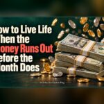 Stacks of banded $100 bills surrounded by falling gold and silver coins beside the title “How to Live Life When the Money Runs Out Before the Month Does.”