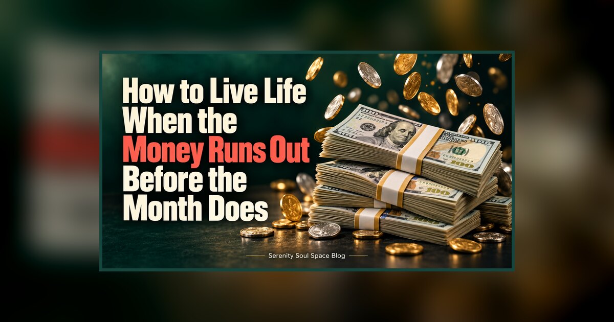 Stacks of banded $100 bills surrounded by falling gold and silver coins beside the title “How to Live Life When the Money Runs Out Before the Month Does.”